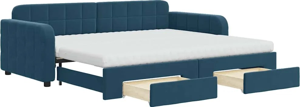 vidaXL Pat de zi cu extensie și sertare, albastru, 90x200 cm, catifea