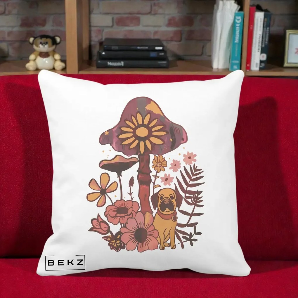 Perna Decorativa Ciuperca Caine Boho, 40x40 cm, Alba Mata, Husa Detasabila, Perna Inclusa, BEKZ®