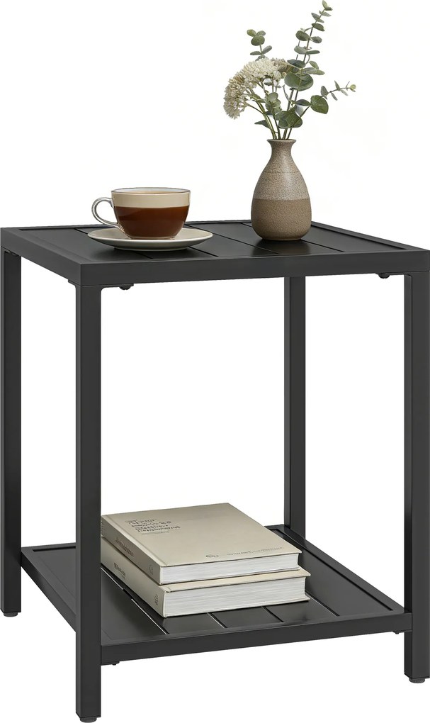 Outsunny Măsuță laterală 45 x 45 cm, rezistentă la intemperii, masă de grădină cu design cu lamele, raft, picioare reglabile, suport 30 kg | Aosom Romania