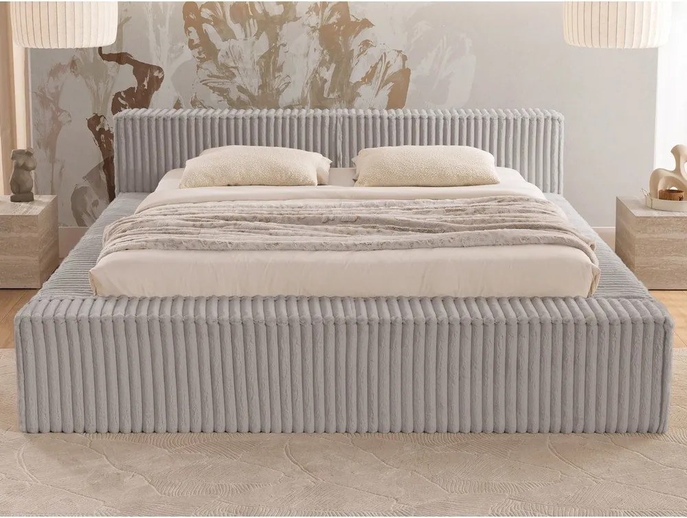 Pat matrimonial gri tapițat cu spațiu de depozitare cu somieră 180x200 cm Cloe – Ropez