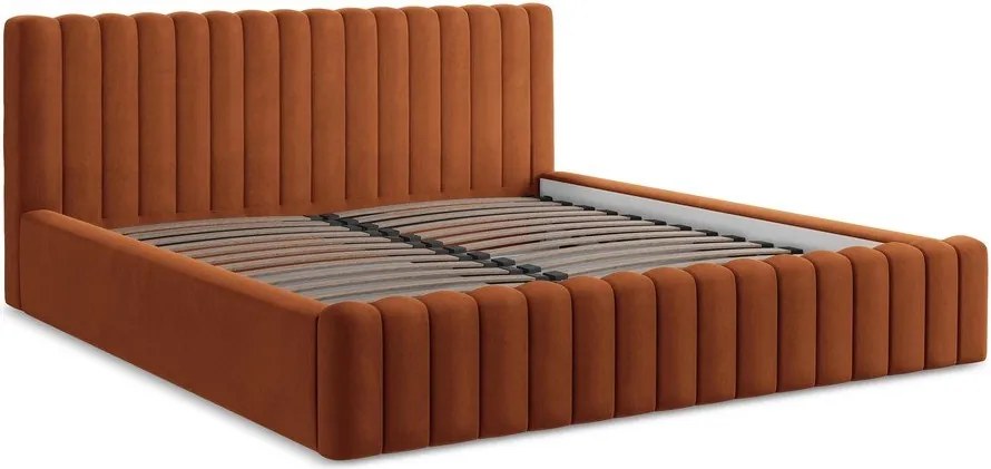 Pat matrimonial teracotă tapițat cu spațiu de depozitare cu somieră 160x200 cm Lemi – Makamii