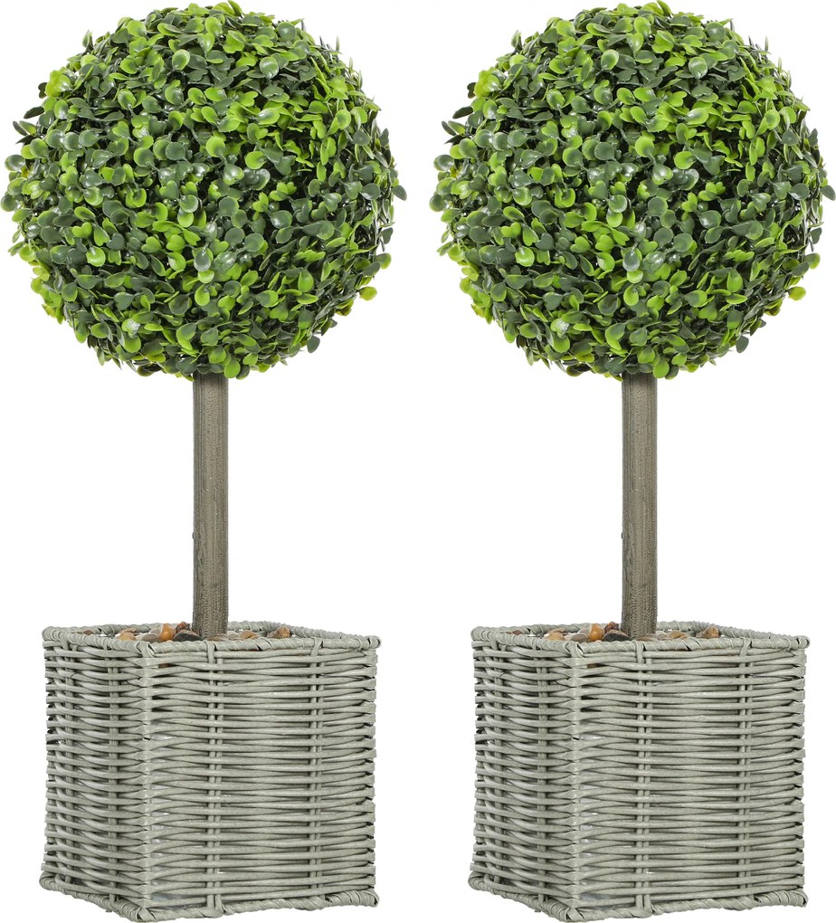 HOMCOM Set de 2 plante artificiale decorative, bile de buxus artificial 50 cm cu ghiveci din plastic împletit și pietre, verde | Aosom Romania