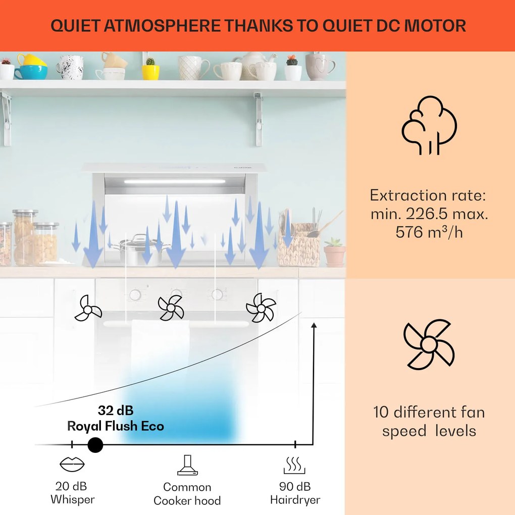 Klarstein Royal Flush Eco, hotă, 60 cm, 576 m³/h, A+