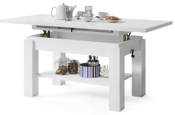 Masă extensibilă ADONIS, pentru living și dining, cu poliță, albă