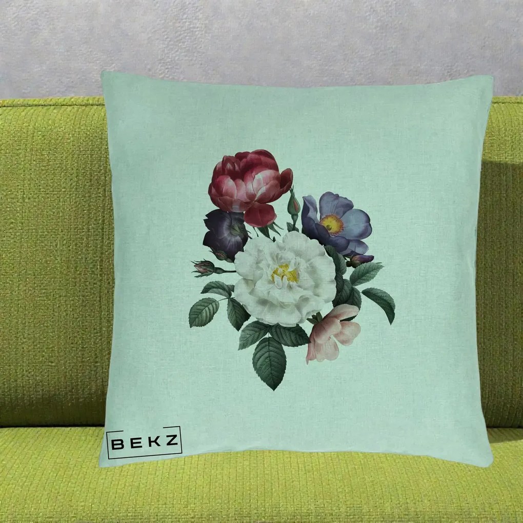 Perna Decorativa Buchet Trandafiri Bujori Botanical, 40x40 cm, Verde Menta, Husa Detasabila, Perna Inclusa, BEKZ®