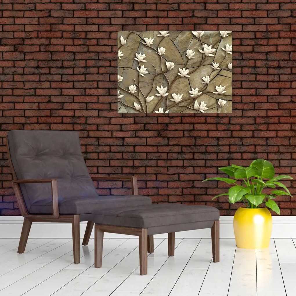 Tablou pe sticlă - Magnolii albe pe zidărie de piatră (70x50 cm)