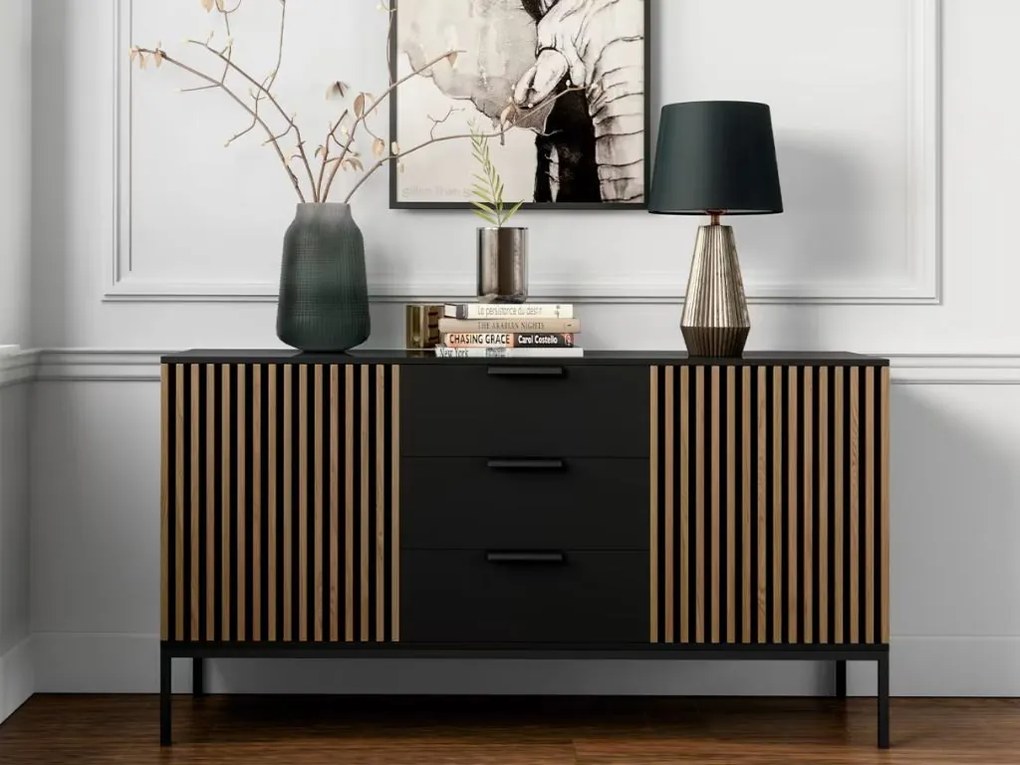 Comoda MEORATI 150x40 cm, neagra/dub artisan