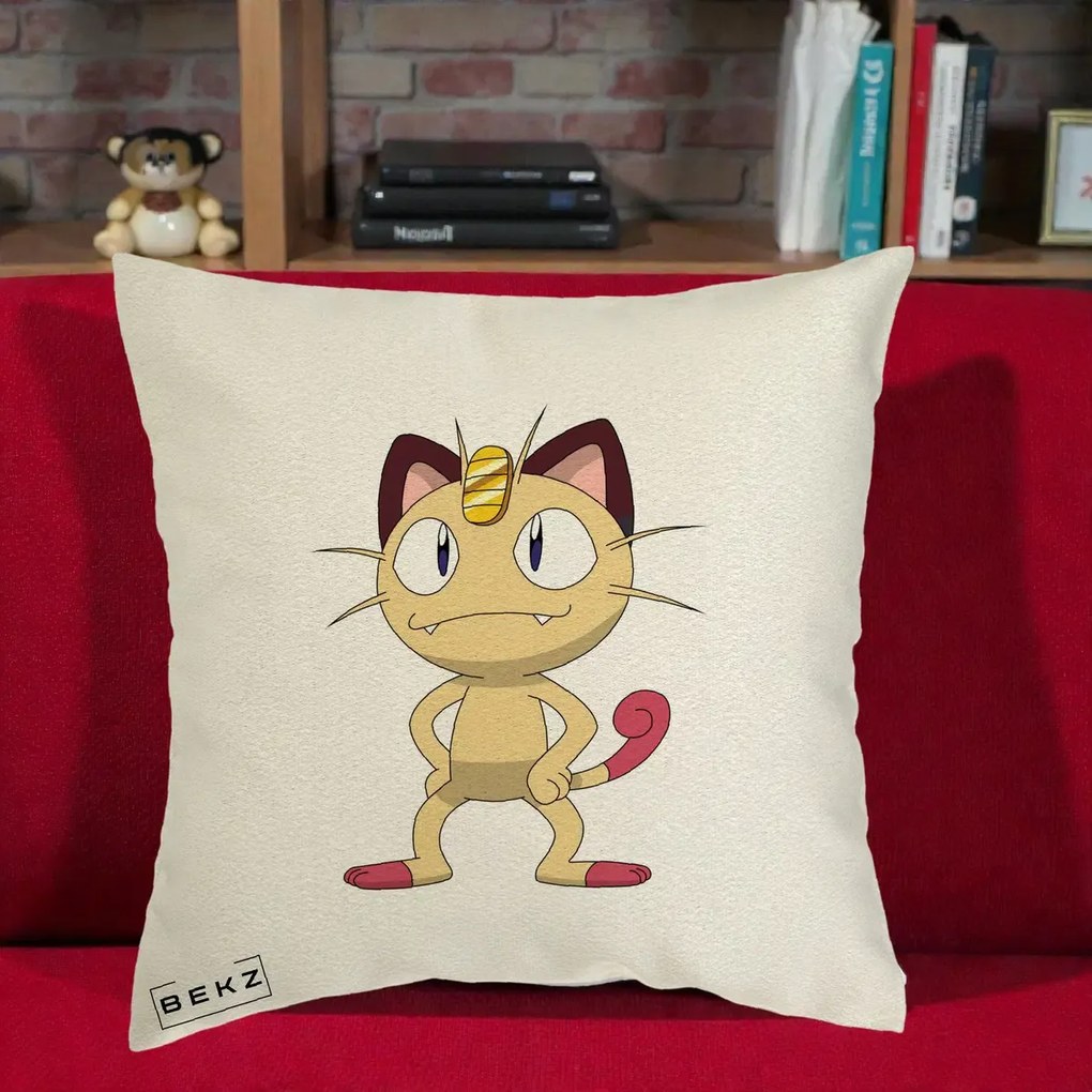 Perna Personalizata Meowth Pokemon, 40x40 cm, Ecru, Husa Detasabila, Perna Inclusa, BEKZ®