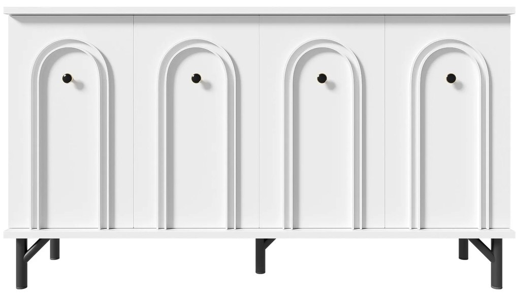 Comodă cu 4 uși, front arcuit 3D, pentru living, sufragerie și hol, 140x34x78 cm, Alb