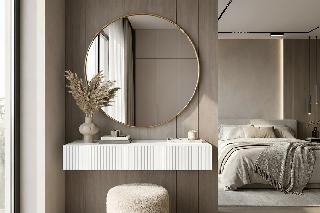 Masa de toaletă suspendată cu oglindă aurie Nicole 80 cm - alb mat