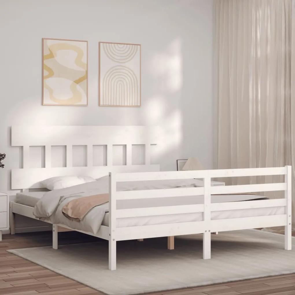 3195162 vidaXL Cadru de pat cu tăblie, alb, king size, lemn masiv