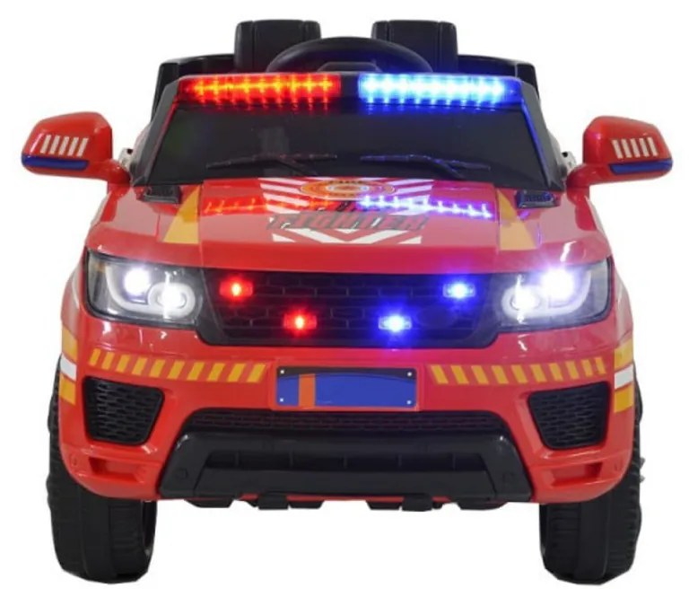 Masinuta Electrica de pompieri cu acumulator pentru copii NOVOKIDS™ Fire Squad SUV , Cu girofar fata/spate, Melodii si USB , 3-6 ani , Usi cu