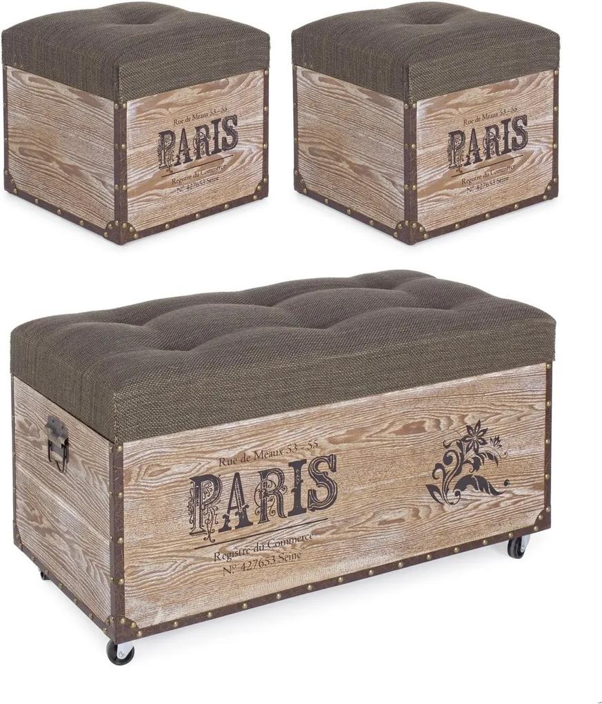 Set bancuta cu 2 tabureti lemn natur patinat cu tapiterie maro Paris 80 cm x 40 cm x 44 h