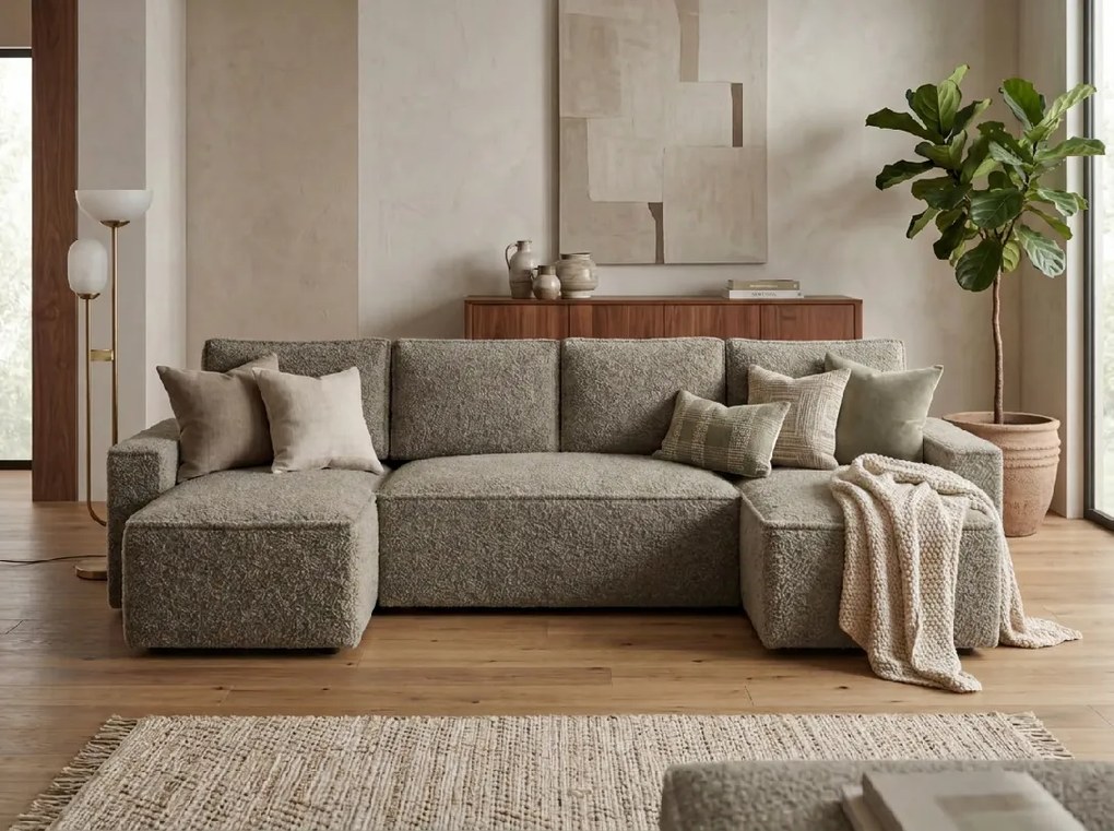 Set de canapea extensibila in forma de U SMART BOUCLE 303x143 cm, gri-maro