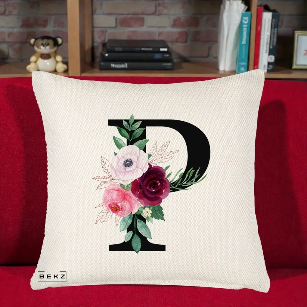 Cadou Personalizat - Perna Personalizata Monograma Florala Litera P, 40x40 cm, Crem Reliefat, Husa Detasabila, Perna Inclusa, BEKZ®