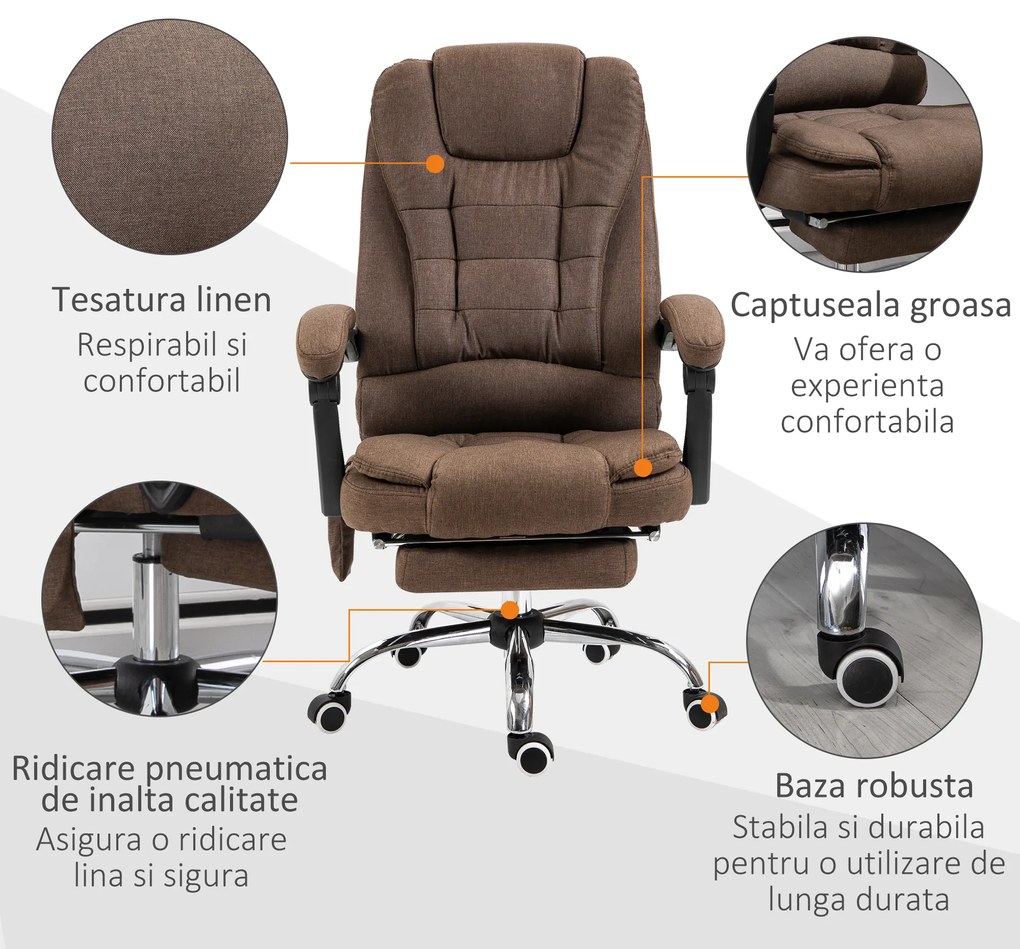 Vinsetto Scaun cu masaj de birou, cu 6 Puncte de Vibrație și Încălzire, Scaun Birou Reglabil pe Înălțime, 65x70x111-119 cm, Maro | Aosom Romania