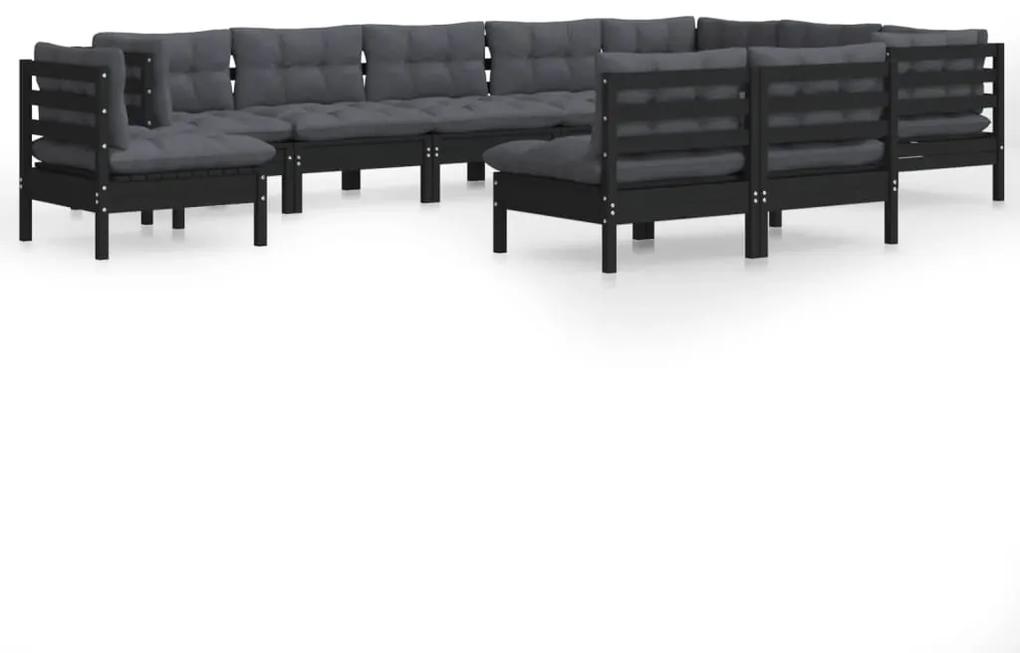 Set mobilier gradina cu perne, 10 piese, negru, lemn masiv pin Negru, 10