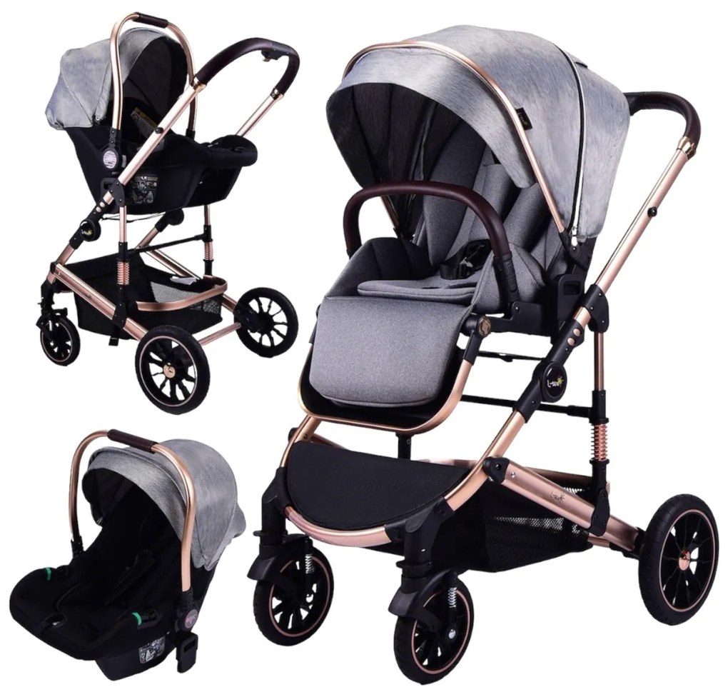 Carucior 3 in 1 reversibil si pliabil cu geanta inclusa si scoica auto, 0-36 luni, Gri - CPC-60-gri