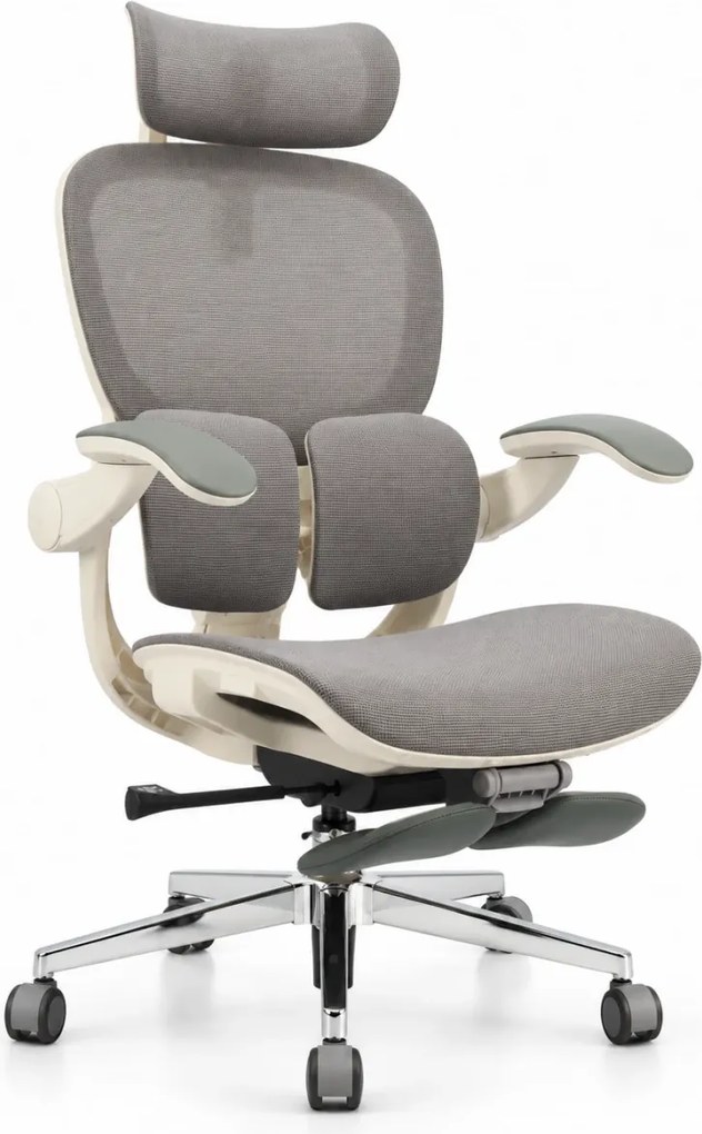 Scaun ergonomic MORATTI D5, Suport lombar dual 360°, Tetieră 4D, Șezut Zero-Pressure Frameless Mesh, Cotiere Flip-Back 4 poziții, Reclinare 135°, Suport picioare, Gri