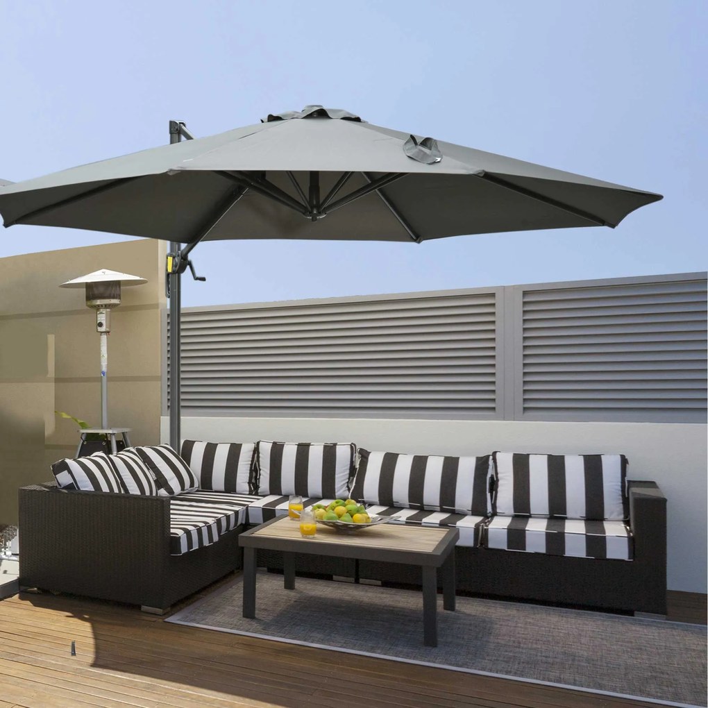 Outsunny Umbrel de Gradină cu Manivelă cu Înclinare Reglabilă, Umbrelă cu Braț și Stinghii, Ø2.95x2.5 m, Gri | Aosom Romania
