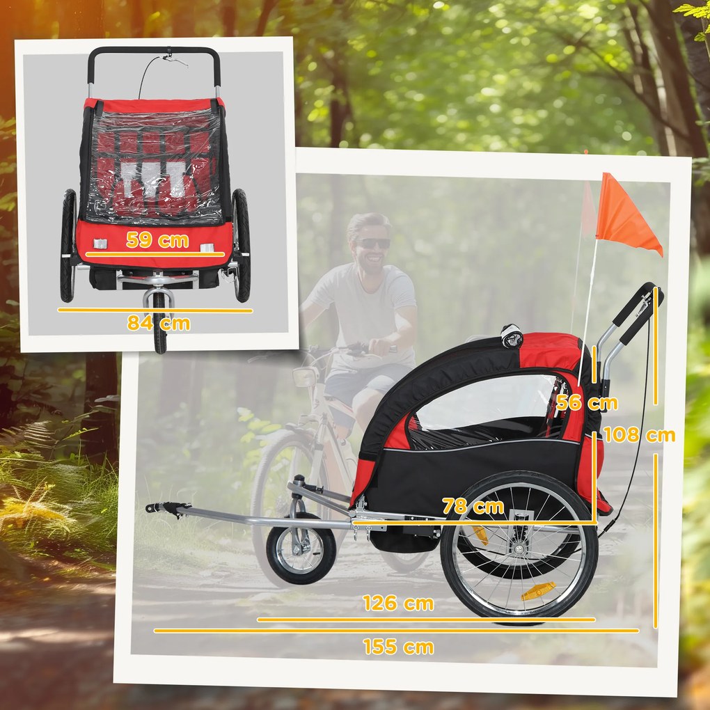 HOMCOM Remorcă bicicletă copii 2-în-1 cu centură de siguranță în 5 puncte, reflectoare, steguleț și perdea anti-vânt, roșu | Aosom Romania