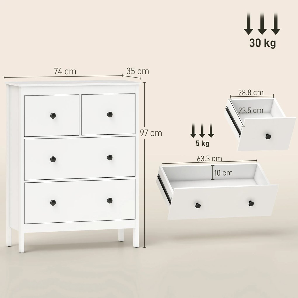 HOMCOM Comodă cu 4 Sertare pentru Dormitor din Lemn 74x35x97 cm Alb | Aosom Romania