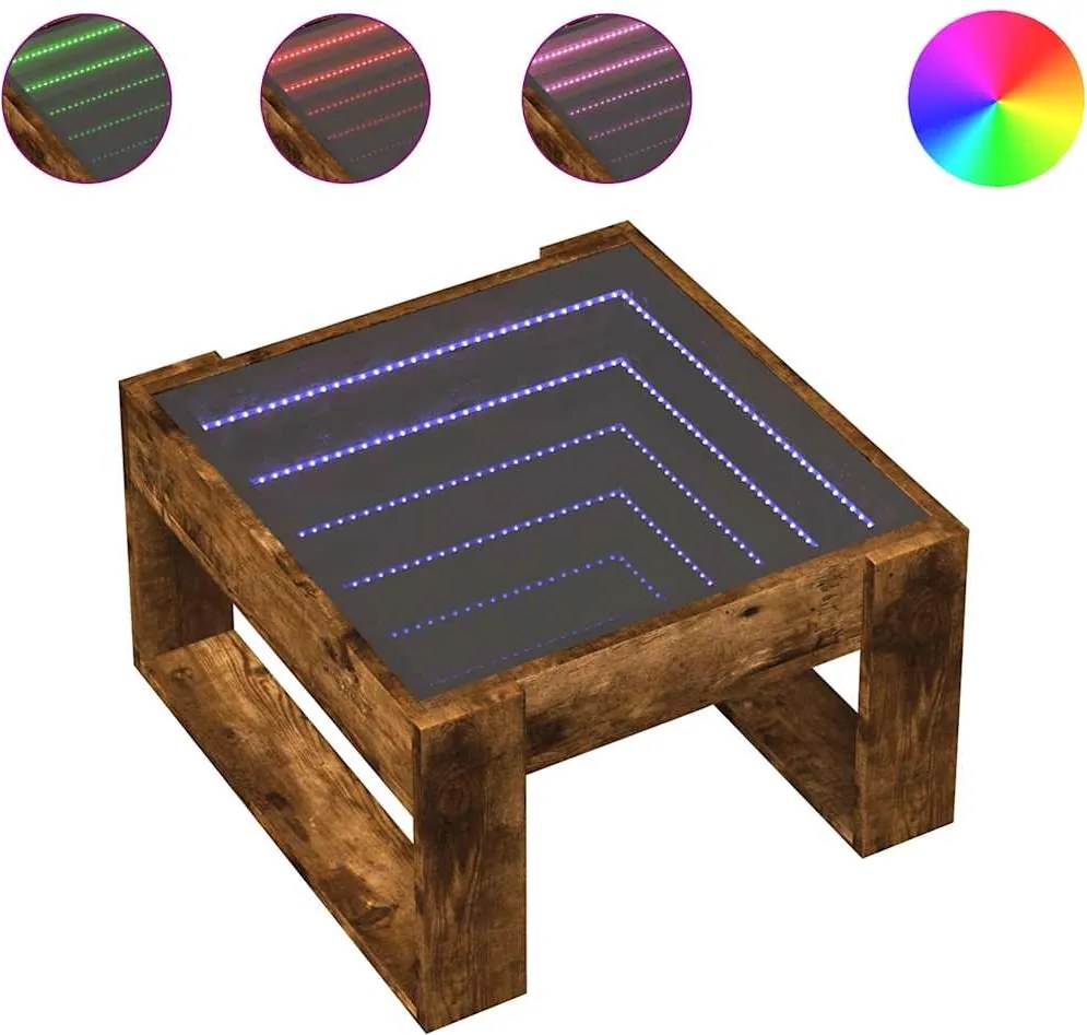 vidaXL Măsuță de cafea cu LED infinity, stejar fumuriu, 50x53x30 cm