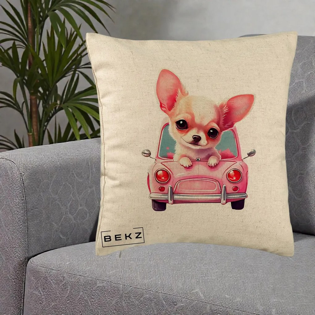 Perna Decorativa Chihuahua Roz in Masinuta, 40x40 cm, Bej, Husa Detasabila, Perna Inclusa, BEKZ®