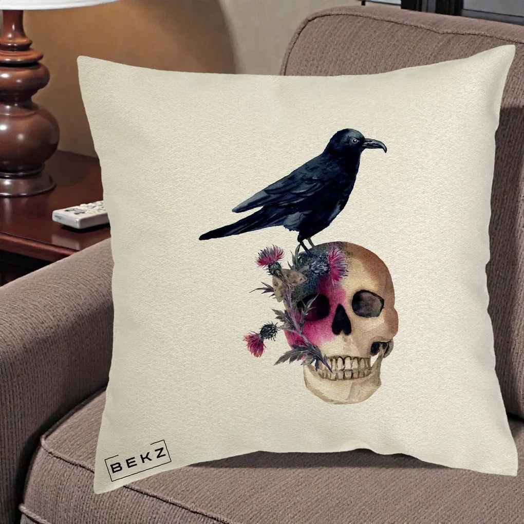 Perna Decorativa Craniu cu Corb si Flori Gothic, 40x40 cm, Ecru, Husa Detasabila, Perna Inclusa, BEKZ®