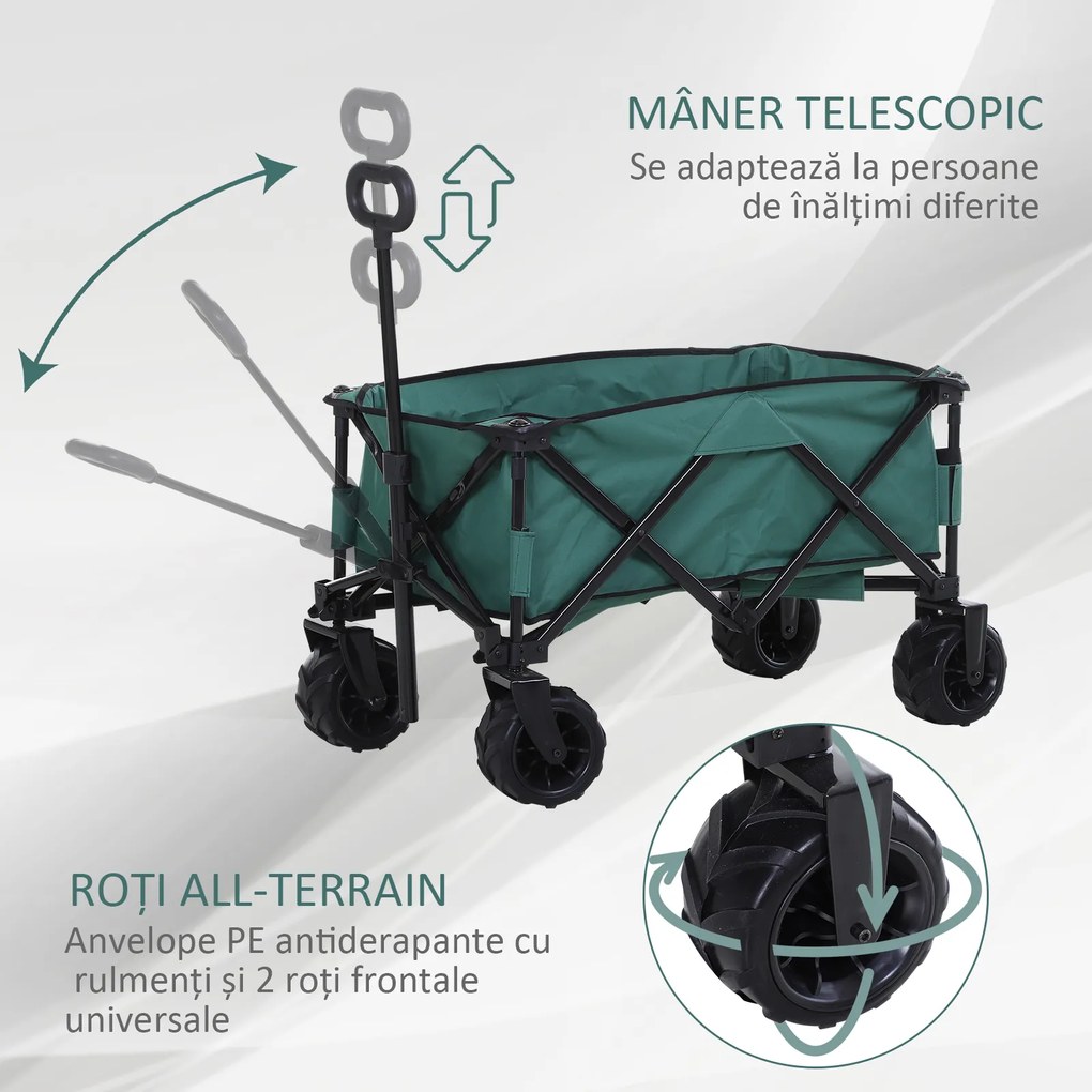 Outsunny Cărucior de Grădină cu Mâner Telescopic, Cărucior pentru Transport Obiecte până la 70 kg, 108x55 cm, Verde | Aosom Romania