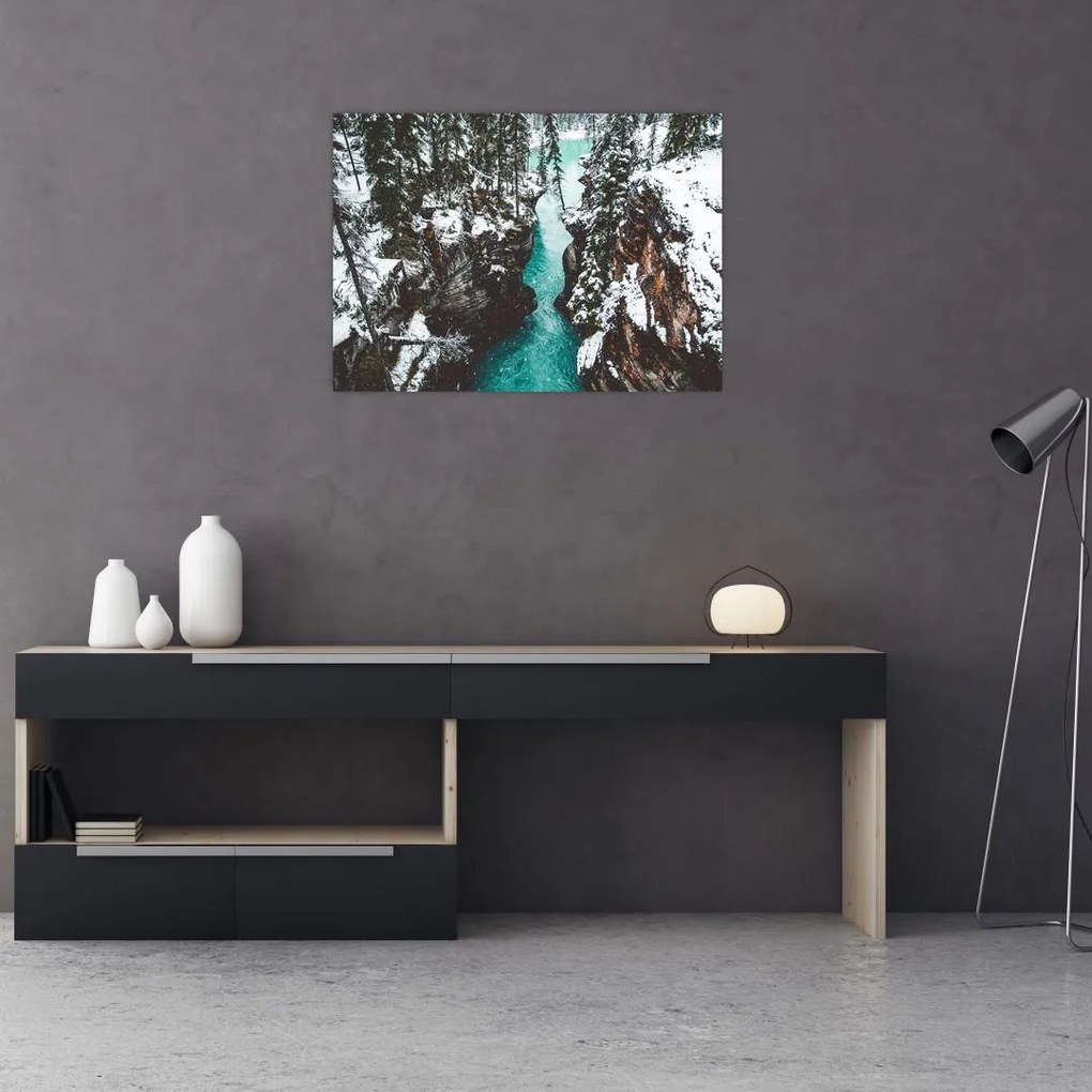 Tablou pe sticlă - râul de munte iarna (70x50 cm)