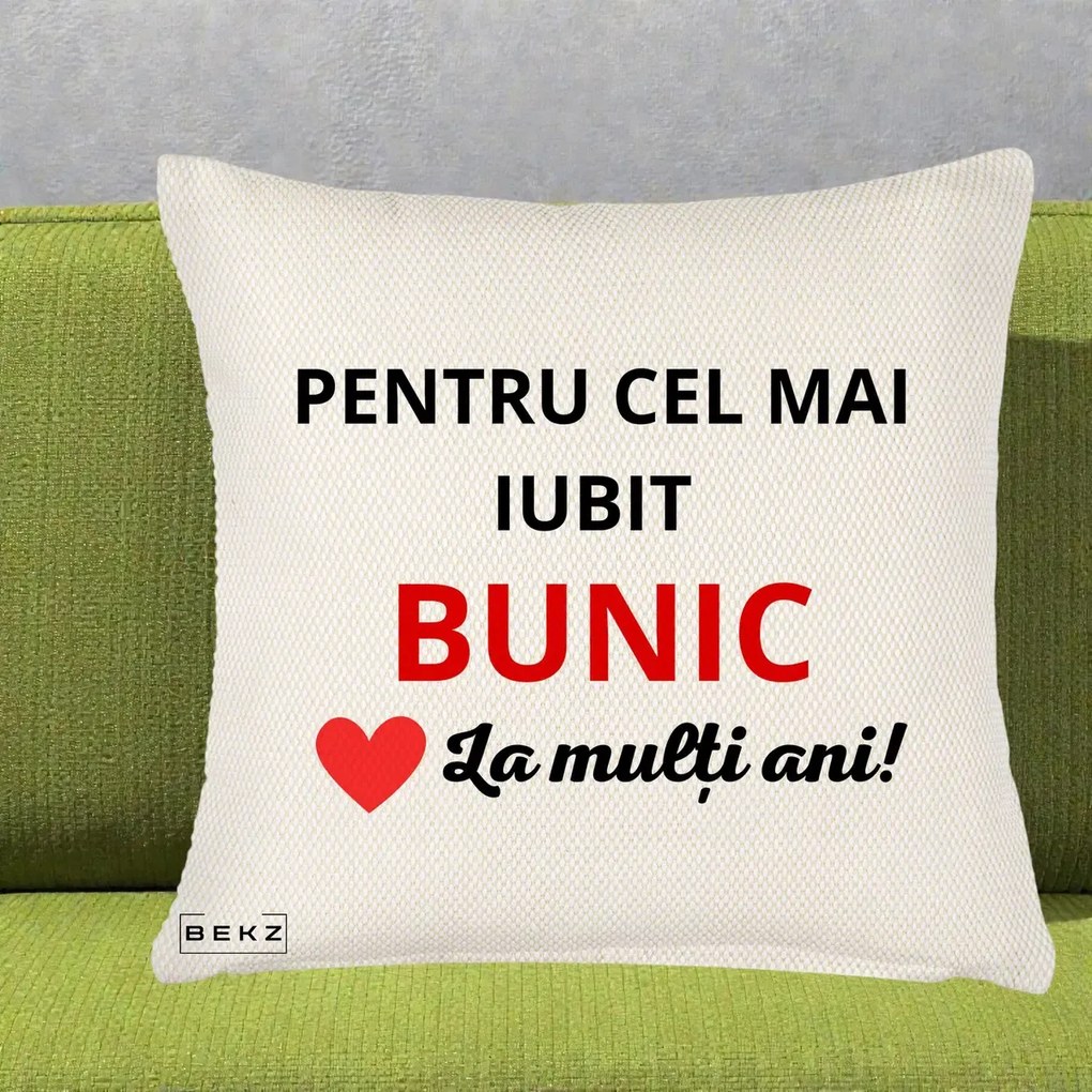 Cadou pentru Bunic - Perna Personalizata Pentru Cel Mai Iubit Bunic La Multi Ani Rosu, 40x40 cm, Crem Reliefat, Husa Detasabila, Perna Inclusa, BEKZ®