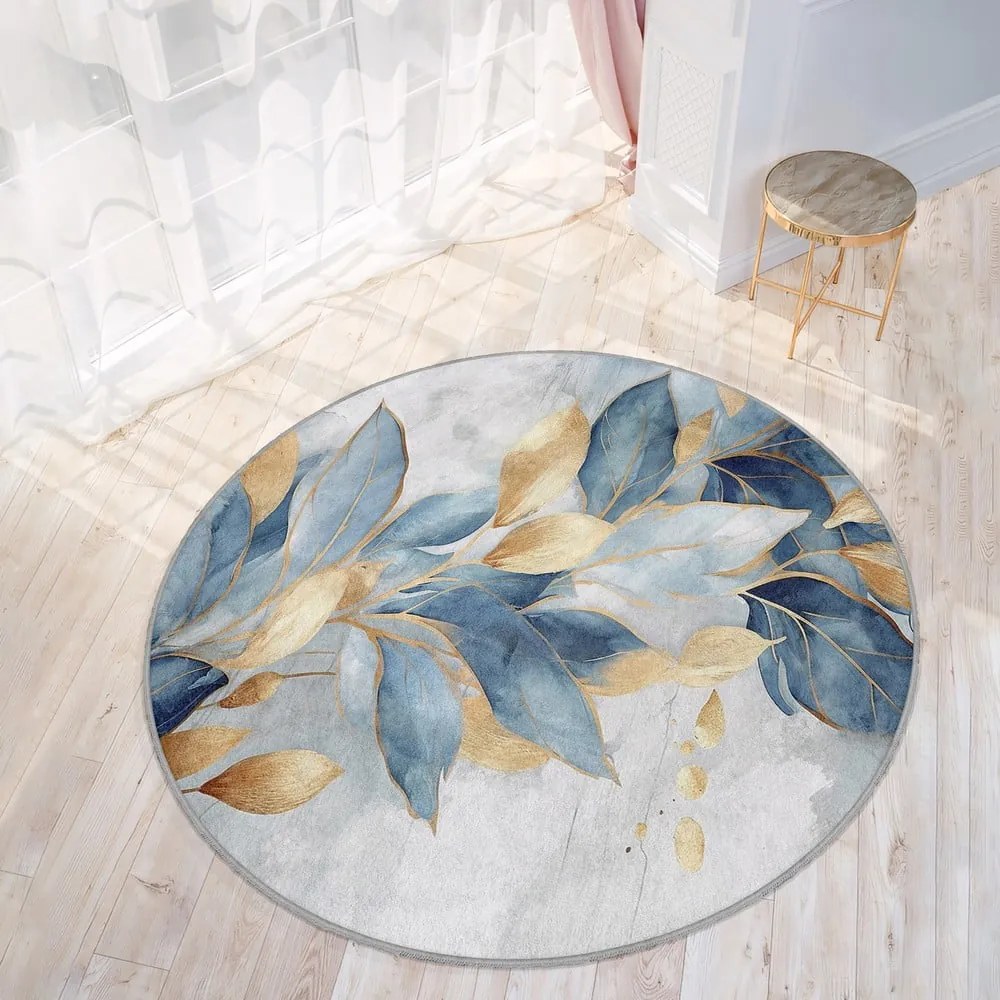 Covor albastru/auriu lavabil rotund ø 80 cm Golden Leaves – Mila Home