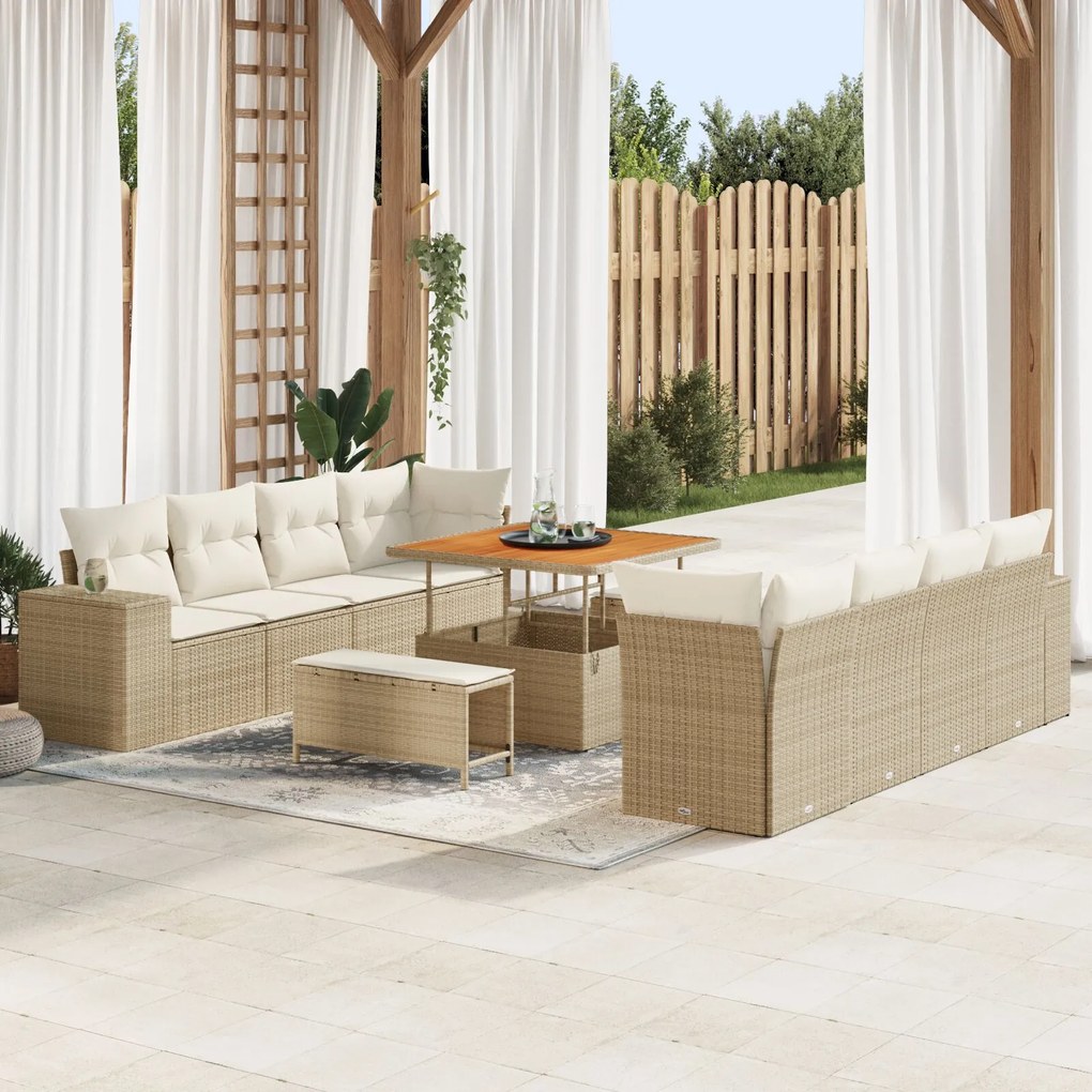 vidaXL Set de canapea pentru grădină cu 11 piese și perne bej din poly rattan și lemn de acacia.