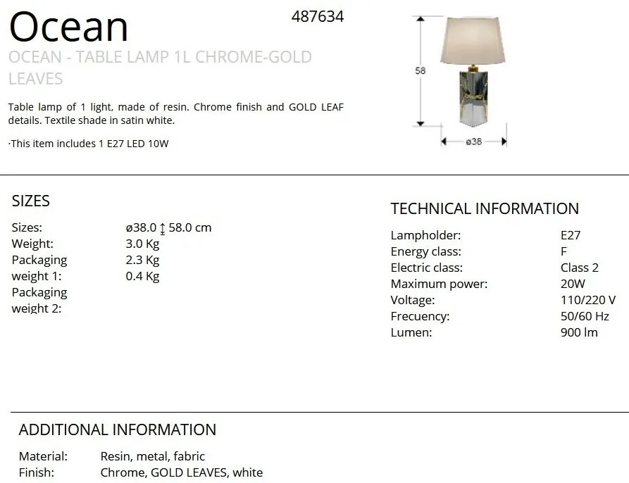 Lampa de masa din rasina Ocean crom cu foita aurie