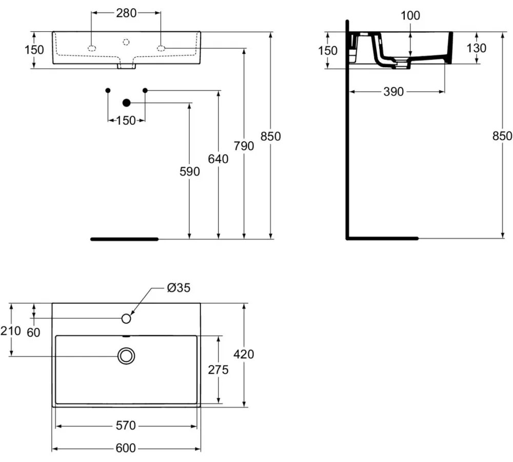 Lavoar suspendat alb 60 cm, dreptunghiular, orificiu baterie si preaplin, Ideal Standard Strada 600x420 mm