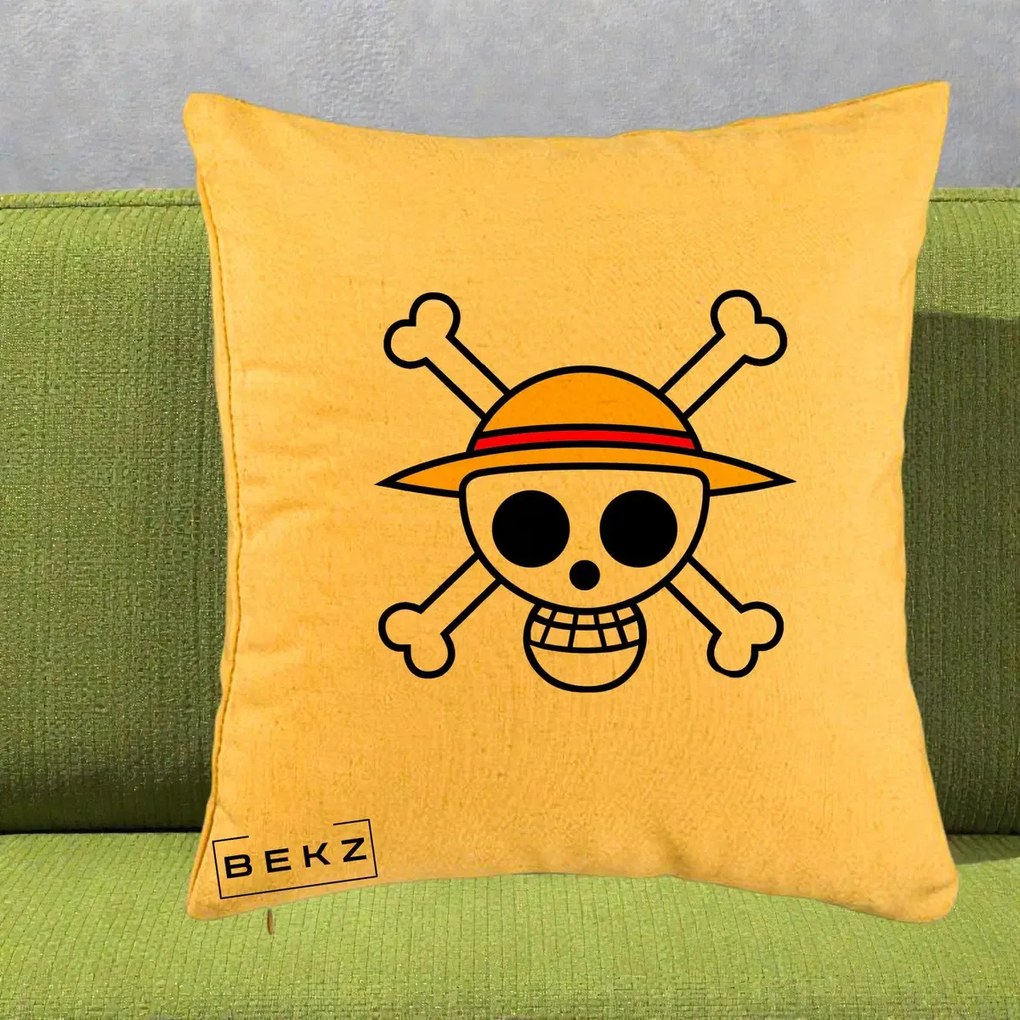 Perna Personalizata One Piece Jolly Roger Straw Hat Pirates, 40x40 cm, Galben, Husa Detasabila, Perna Inclusa, BEKZ®