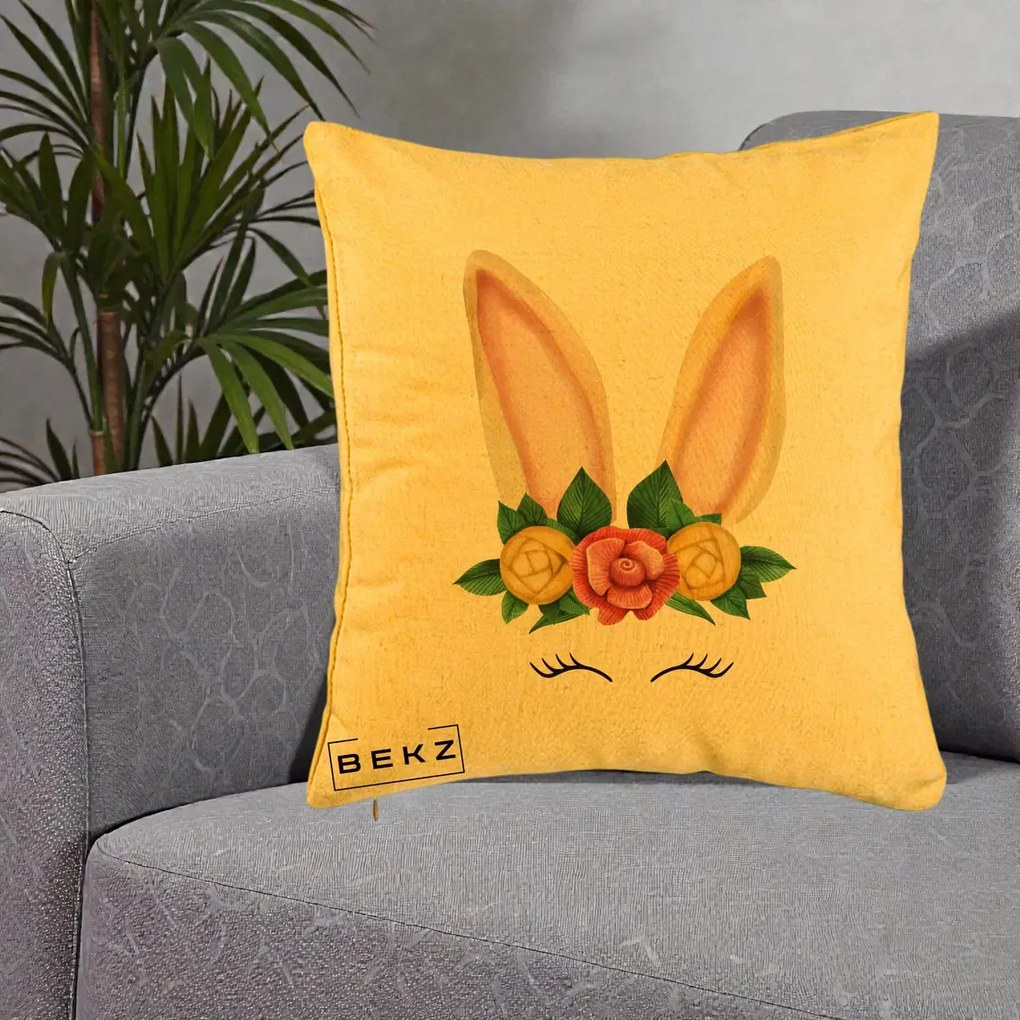 Perna Decorativa Iepuras Flori Urechi Pastelui, 40x40 cm, Galben, Husa Detasabila, Perna Inclusa, BEKZ®