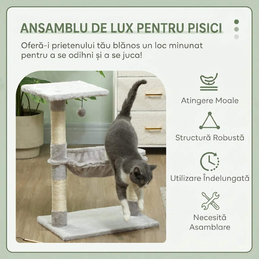 PawHut Ansamblu de Zgâriat pentru Pisici, 2 Niveluri, cu Hamac și Mingiuță, PAL și Pluș, 50 x 36 x 70 Cm, Gri Deschis | Aosom Romania