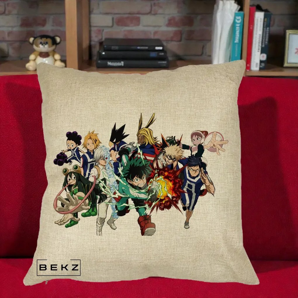 Perna Personalizata My Hero Academia Clasa 1-A Complet, 40x40 cm, Crem, Husa Detasabila, Perna Inclusa, BEKZ®