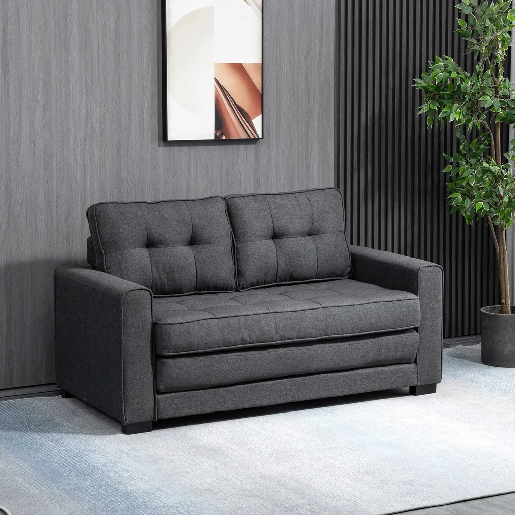 HOMCOM Canapea Extensibilă din Material Textil 2 Locuri cu Capitonaj și Arcuri, 151x75x85 cm, Gri | Aosom Romania