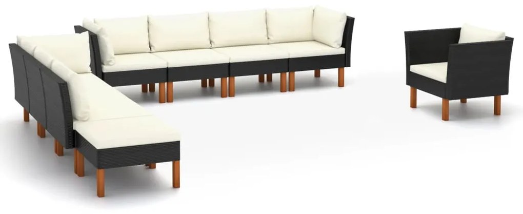 vidaXL Set mobilier grădină, 9 piese, negru poliratan și lemn eucalipt