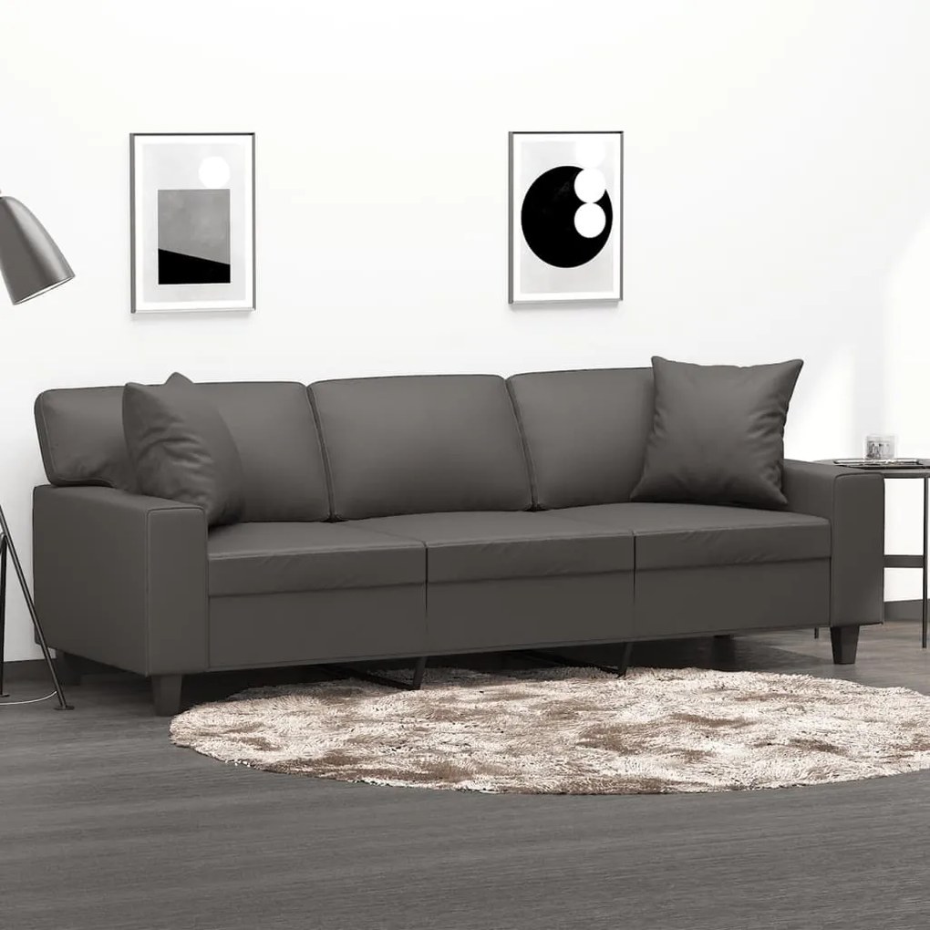 3153068 vidaXL Canapea cu 3 locuri, perne&pernuțe gri 180 cm piele ecologică