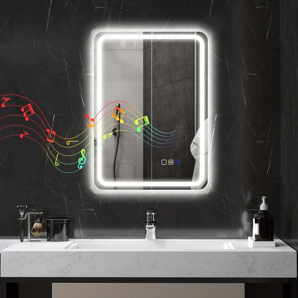 HOMCOM Oglindă de Baie Bluetooth LED 50 x 70 cm cu Anticeață - Argintiu | Aosom Romania