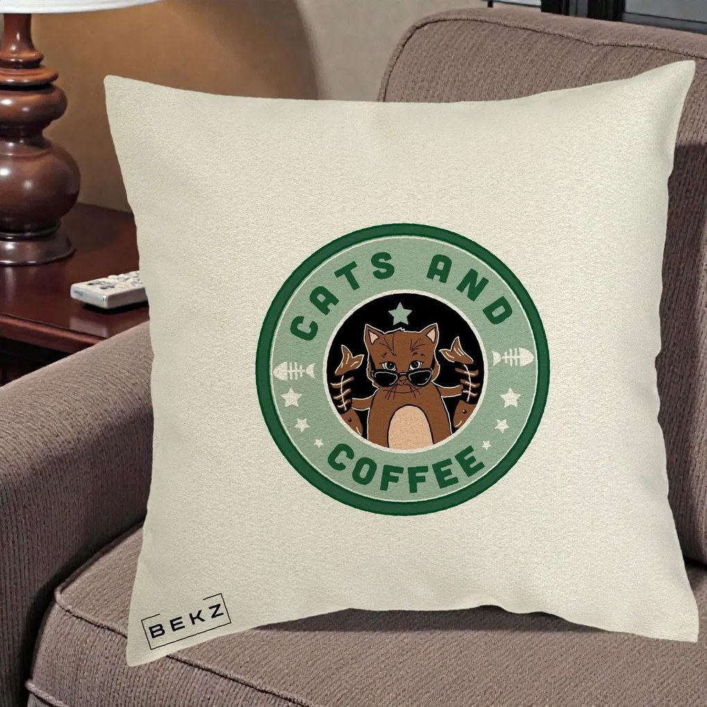 Perna Personalizata Cats and Coffee Starbucks, 40x40 cm, Ecru, Husa Detasabila, Perna Inclusa, BEKZ®