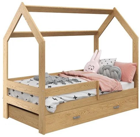 Pat pentru copii Casuta D3 pin 80x160 cm lemn de pin Saltele: Saltea COMFY HR 10 cm, Cutie depozitare pat: Cu sertar Alb, Somiera pat: Cu lamele curb…