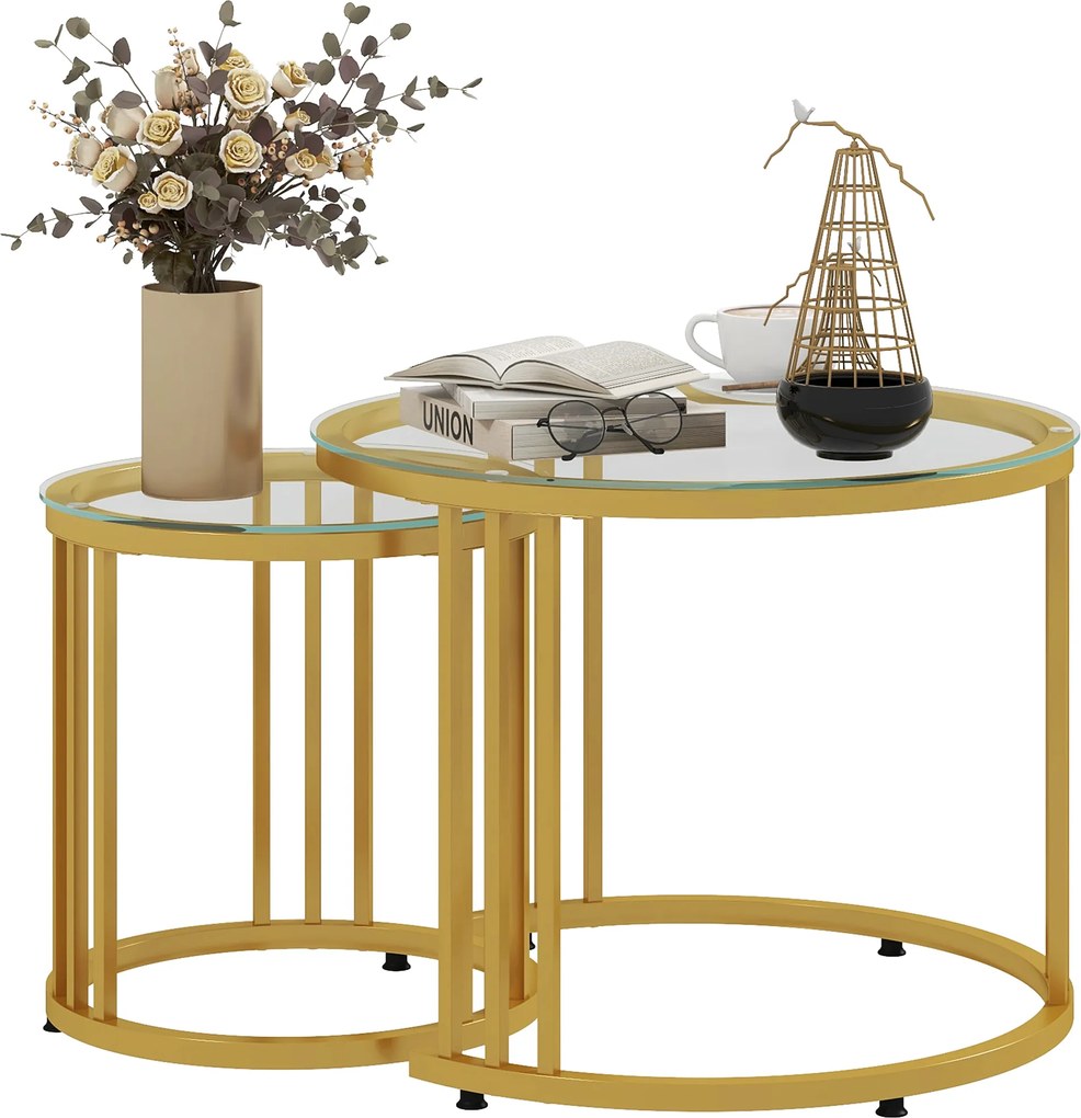 HOMCOM Set de 2 mese laterale înglobabile rotunde 60/40 cm blat sticlă temperată și picior din oțel carbon design modern aurit | Aosom Romania