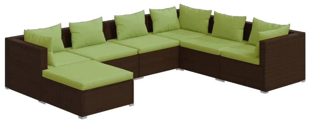 Set mobilier de gradina cu perne, 7 piese, maro, poliratan maro si verde, 3x colt + 3x mijloc + suport pentru picioare, 1
