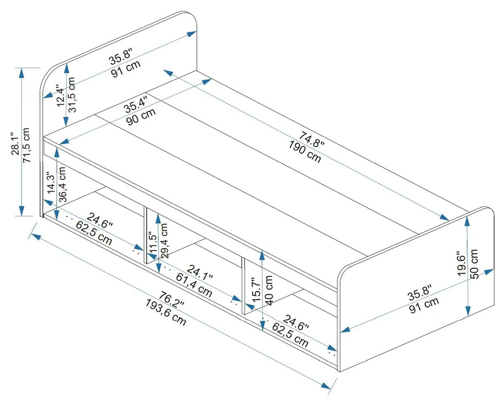 Pat de o persoană 90 cm Pelavi 1 (pin atlantic + antracit) (cu somieră). 1094838