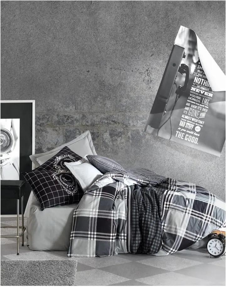 Lenjerie de pat cu cearșaf Square, 140 x 200 cm, alb - negru